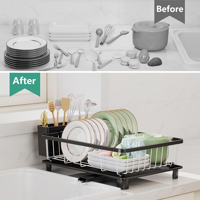 Hiviweer Dish Drying Rack - Space-Saving Dish Rack,Dish Racks for Kitchen Counter with Drainboard, Rustproof Dish Drainer with a Removable 4-Compartment Utensil Holder,Black-White
