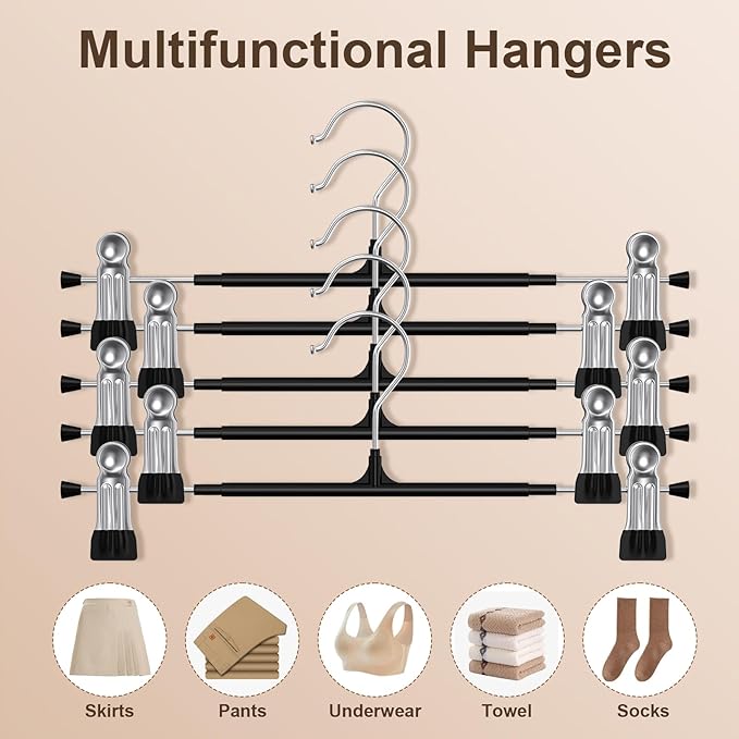 POZEAN Pants Hangers with Clips for Women 30 Pack, 12Inch Adjustable Heavy Duty Skirt Hangers, Space Saving Non-Slip Shorts Jeans Trousers Clothes Hangers, Black