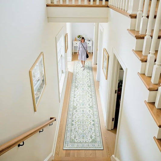 RELEANY Area Rugs Runner 2'x10' Washable Non-Slip, Floral Vintage Distress Medallion Carpet for Kitchen Hallway Bedroom Beside Laundry Room Bathroom, Green White Blue