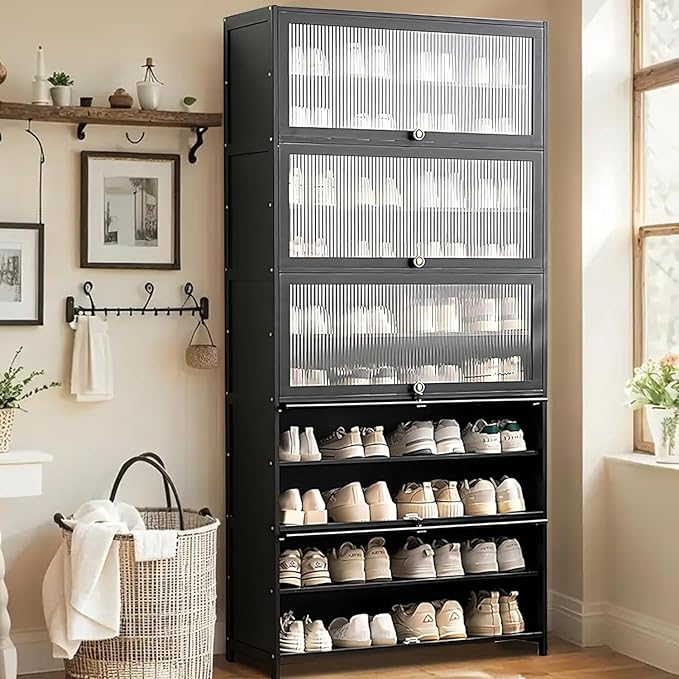 Tall Bamboo Shoe Cabinet with Doors, 11-Tier Shoe Rack for Closet, Freestanding Shoe Storage Cabinet for Hallway Living Room (Black-02)