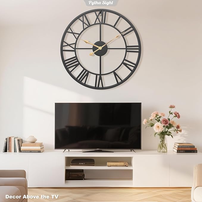 Pytha Sight 29.5 Inch Extra Giant Large Wall Clock,Oversized Modern Decorative Black Metal Roman Numeral Wall Clocks for Living Room,Kitchen Decor,Perfect Housewarming Gifts for a New Home
