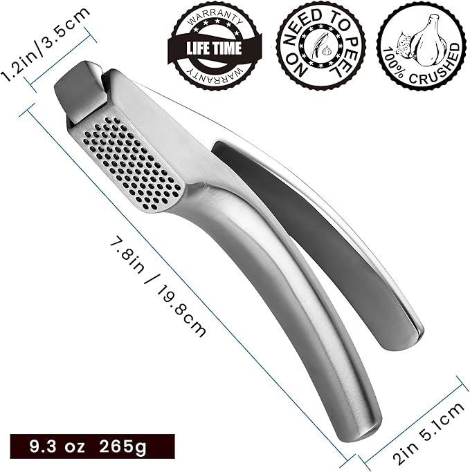 Lifetime Replacement Garlic Press Stainless Steel No Need to Peel, Detachable Handle for Fine Mincing-Premium Garlic Mincer Tool, Rust-Proof, Easy to Clean, Dishwasher Safe Garlic Crusher