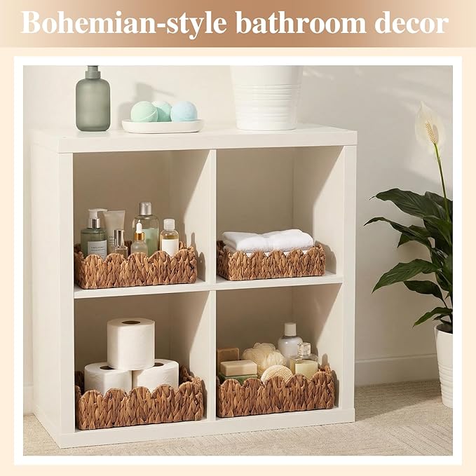 3 Pack Water Hyacinth Toilet Paper Basket for Organizing Scalloped Edge Wicker Basket with Handles Toilet Tank Paper Holder Storage for Bathroom Bedroom Countertop Shelf Decor(Brown)