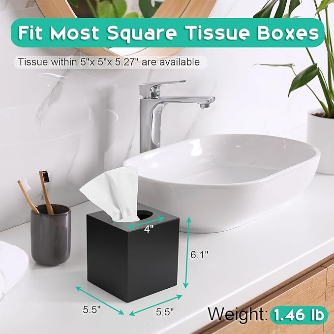 ALELION Wooden Tissue Box Cover Square - Large Black Tissue Box Holder for Tabletop Night Stands Bathroom Office - Decorative Facial Cube Tissue Box Cover