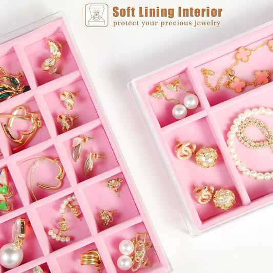 5 Drawers Clear Jewelry Box for Women and Girls, Acrylic Earring Holder Organizer Ring Holder Display Storage, Pink