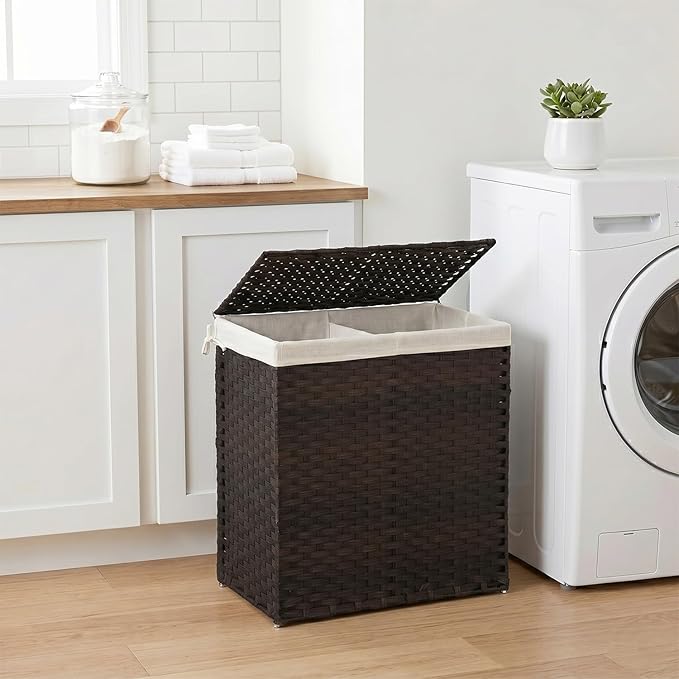 FDW Handwoven Laundry Hamper with Lid, 110L Foldable Rattan Clothes Basket with 2 Removable Liners & 6 Mesh Laundry Bags for Bathroom Bedroom, Brown