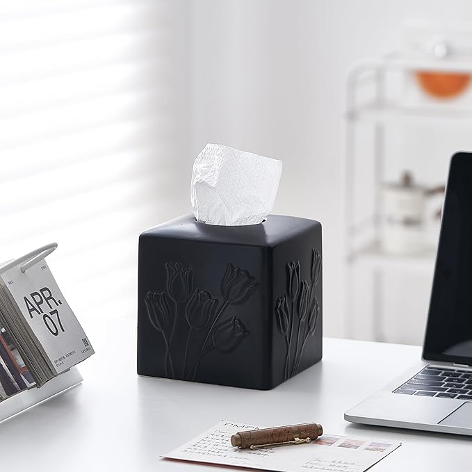 Black Ceramic Tulips Tissue Box Cover - Modern Square Decorative Organizer for Facial Tissues, Farmhouse Style Home Decor for Bathroom, Bedroom, Living Room & Office