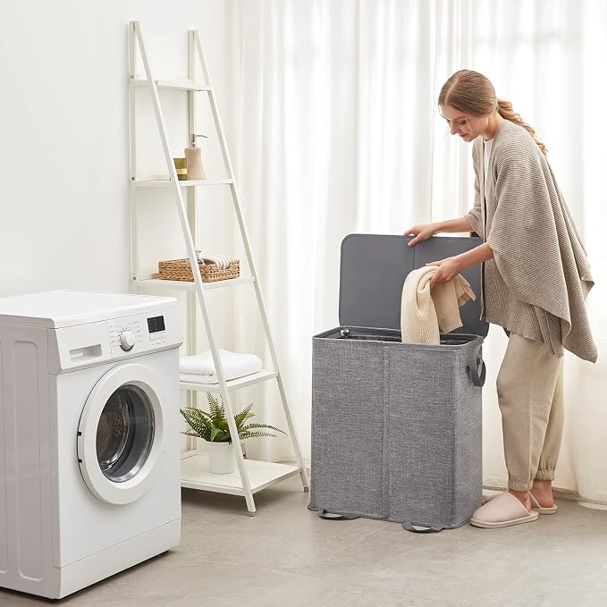 Lifewit Double Laundry Hamper with Lid and Removable Laundry Bags, Large Collapsible 2 Dividers Dirty Clothes Basket with Handles for Bedroom Laundry Room Closet Bathroom College, 155L Grey