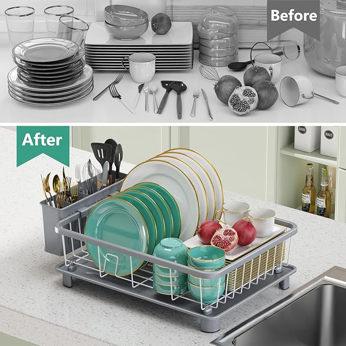 Hiviweer Dish Drying Rack - Space-Saving Dish Rack,Dish Racks for Kitchen Counter with Drainboard, Rustproof Dish Drainer with a Removable 4-Compartment Utensil Holder,Gray