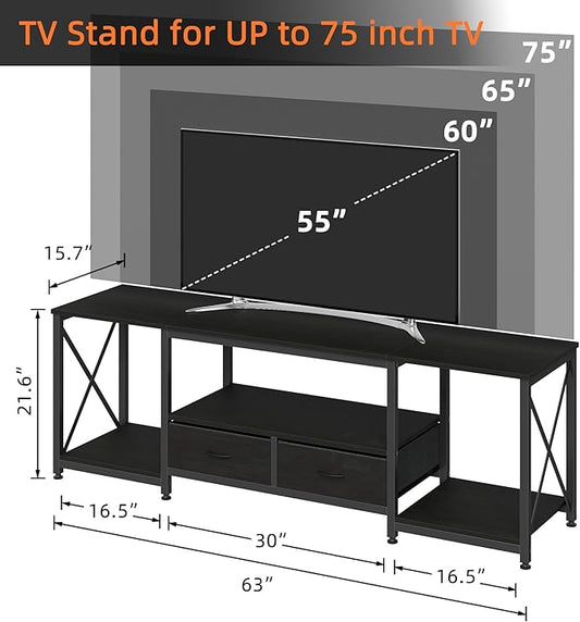 GYIIYUO TV Stand with Fabric Drawers for 65 70 75 Inches TV - Entertainment Center and Industrial TV Console Table with Open Storage Shelves for Living Room, Bedroom - 63.5" Black