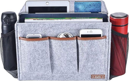 Zafit Bedside Caddy, Large Size Storage Organizer with 8 Pockets - Perfect for Magazine, Remotes, Phone (13.4'' x 18.1'', Light Grey)