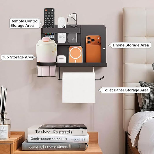 Bcareself Bedside Wall Organizer, Floating Bedside Shelf Wall Mount, Dorm Room Essentials, Remote Control Holder, Dorm Decor Organization and Storage Cool Teen Girls Trendy Stuff (Black)