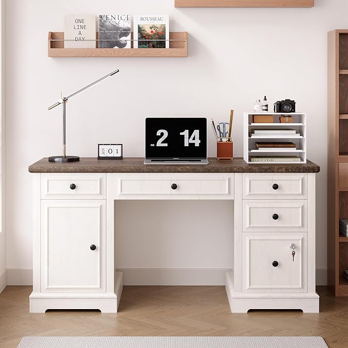 Vipbear 59" Executive Desk, Farmhouse Computer Desk with Drawers, Lockable File Drawer, Storage Cabinet & Power Outlet, Rustic Home Office Desks, Workspace for Work Study Writing, White
