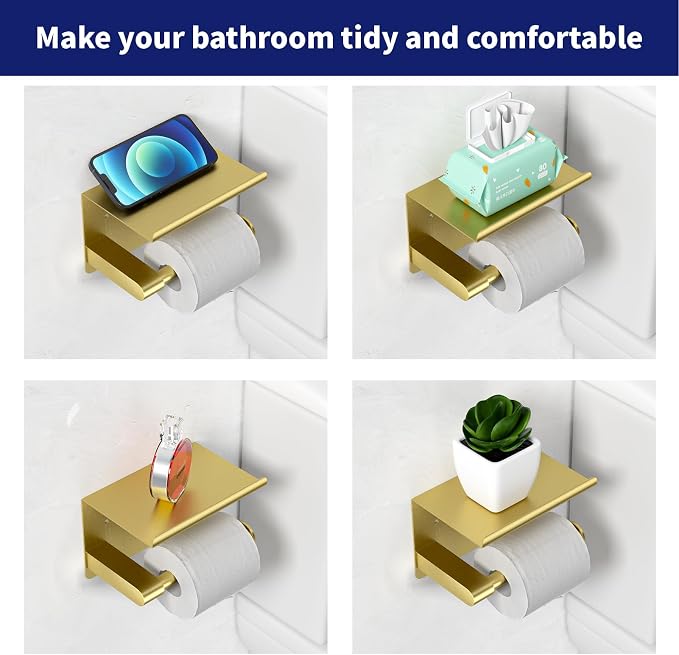 GLNLQ Brushed Gold Toilet Paper Holder Wall Mount, Fits Mega Rolls Size Rustproof Self Adhesive Brushed Brass Toilet Paper Holder Gold with Shelf