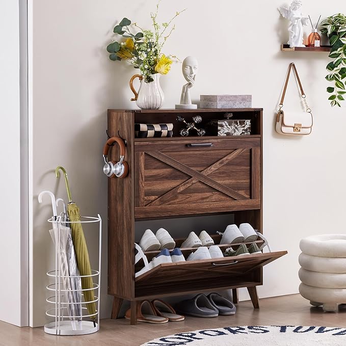 Shoe Storage Cabinet with 2 Flip Drawers, Farmhouse Shoes Organizer for Entryway, Narrow Hidden Shoe Rack with Legs & Open Storage, Freestanding Shoe Closet for Foyer, Hallway, Brown Walnut