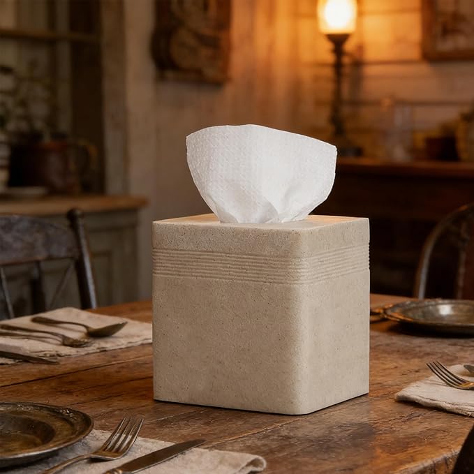 Beige Sandstone Tissue Box Cover Square for Home Decor,Resin Heavy Tissue Box Holder for Bathroom Countertop,Tabletop,Bedside Table,Office (Handmade of Resin)
