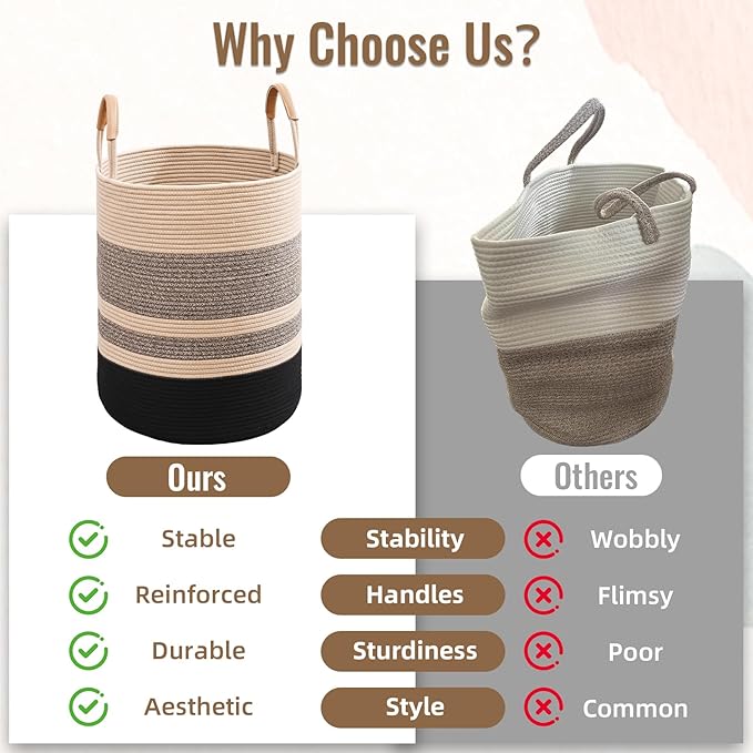 60L Striped Laundry Basket, Brown & Black Laundry Hamper with Leather Handles, Woven Cotton Rope Storage Bin for Blankets, Nursery Hamper for Clothes, Toys In Bathroom, Livingroom, Bedroom