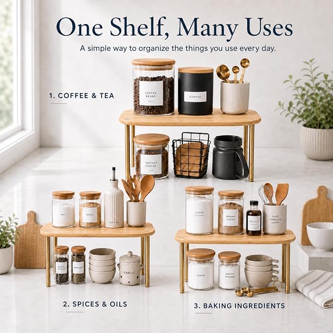 Ibyx Cabinet Organizer Set of 2 - Kitchen Pantry Organizers and Storage with Bamboo Top & Brass-Effect Metal Legs - for Kitchen Counter & Stackable Shelves for Cabinets with 22 lb Capacity - Natural
