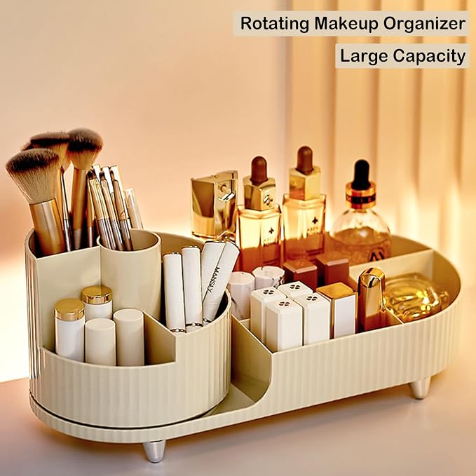 Rotating Makeup Organizer for Vanity with Brush Holder, Cosmetic Makeup Storage Organizer, Large Spinning Makeup Skincare Organizer, Countertop Makeup Perfume Organizer, Lotions Display Case Ivory