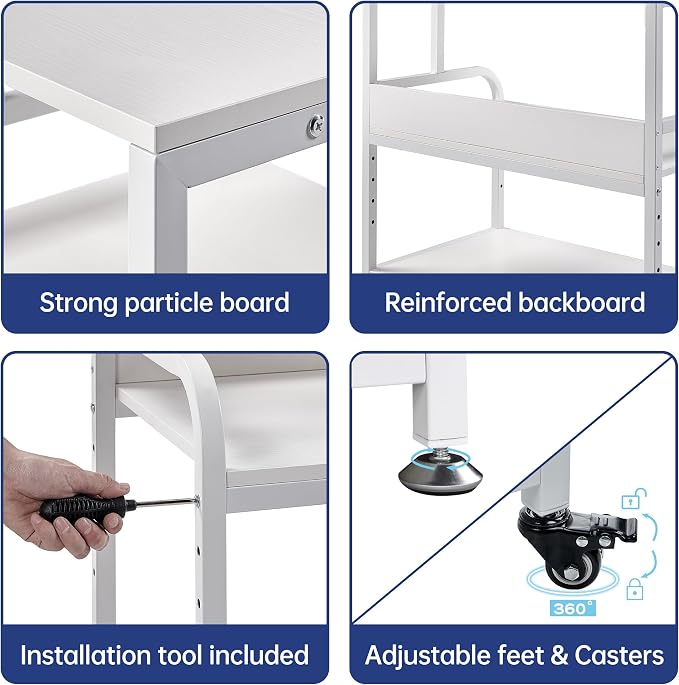 Fannova Printer Stand, 32.3" x 18.9" x 32.1" Extra Large Printer Table with Adjustable Storage Shelf, 3 Tier Rolling Printer Cart with Industrial Wheels for Home Office, White