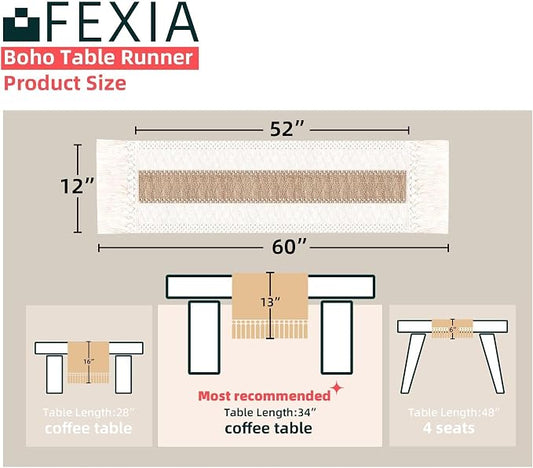 FEXIA Boho Table Runner for Summer Home Coffee Decor with Tassels 60 Inches Long Farmhouse Rustic Table Cloth Cream & Brown Macrame for Kitchen Dining Bedroom Decor Bridal Shower (12x60 Inches)