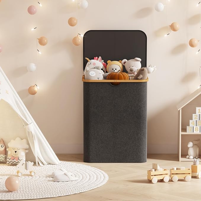 Lifewit 120L Laundry Basket with Lid, Clothes Hampers for Laundry with Bamboo Handles and 2 Removable Bag, Large Foldable Laundry Hamper for Bedroom, Bathroom, Dorm, Laundry Room, Dark Gray