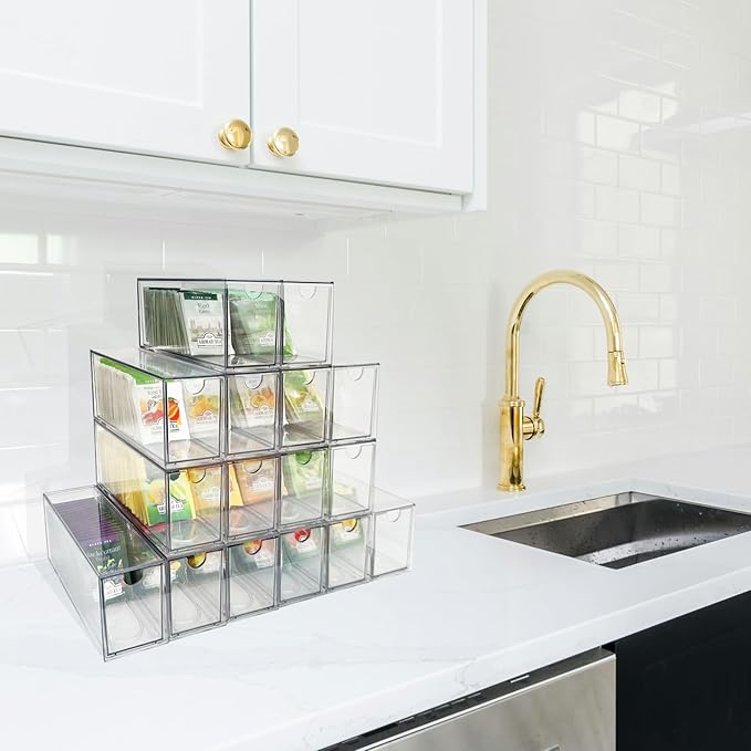 AZEZO 16-Pack Tea Bag Drawers Organizer - 16 Clear Plastic Drawer Tea Bag Holder; Stackable & Portable; Wider Size; Well-Organized Storage for Tea Bags & Kitchen Essentials;High Volume