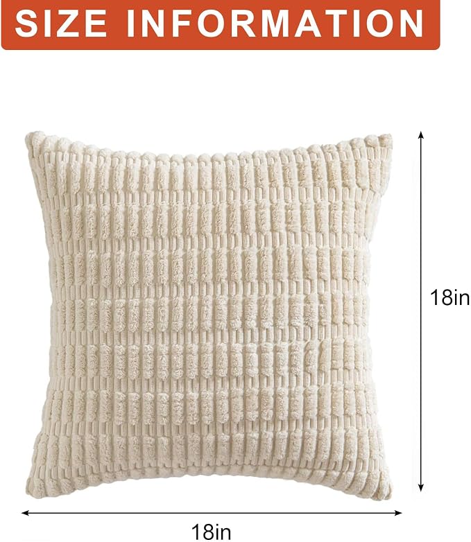 Aegero Pack of 2 Corduroy Decorative Throw Pillow Covers 18x18 Inch Soft Striped Pillow Covers Modern Farmhouse Home Decor for Sofa Living Room Couch Bed(Cream White)