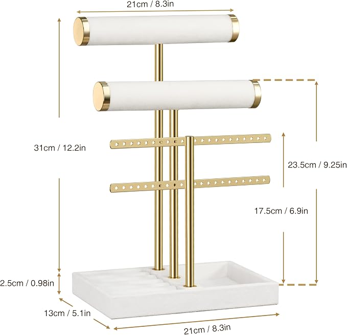 bussdis 3 Tier Bracelet Holder Display - Detachable T Bar White Velvet Bracelet Holder, Jewelry Holder Organizer for Bracelet, Necklace, Earrings, Rings