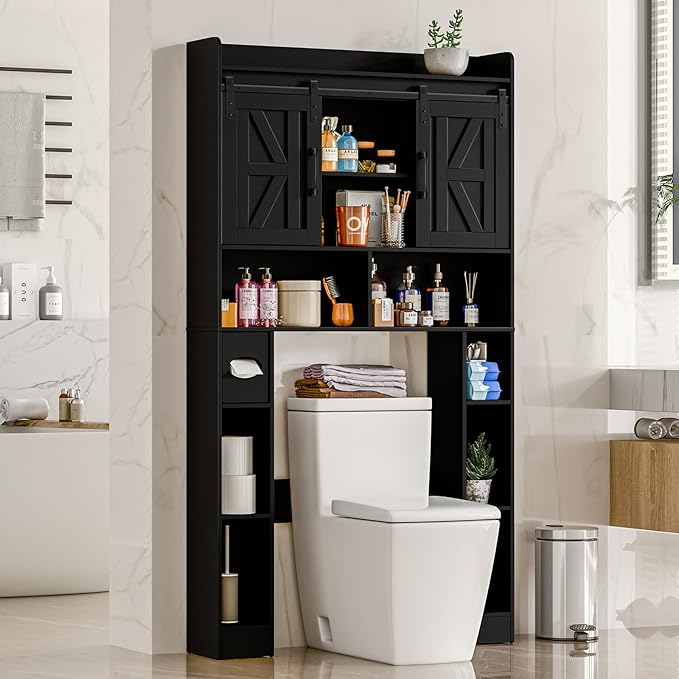 Farmhouse Storage Cabinet Over Toilet with Sliding Doors,Over The Toilet Storage Cabinet, Home Space-Saving Toilet Rack, for Bathroom, Restroom, Laundry.Pure Black