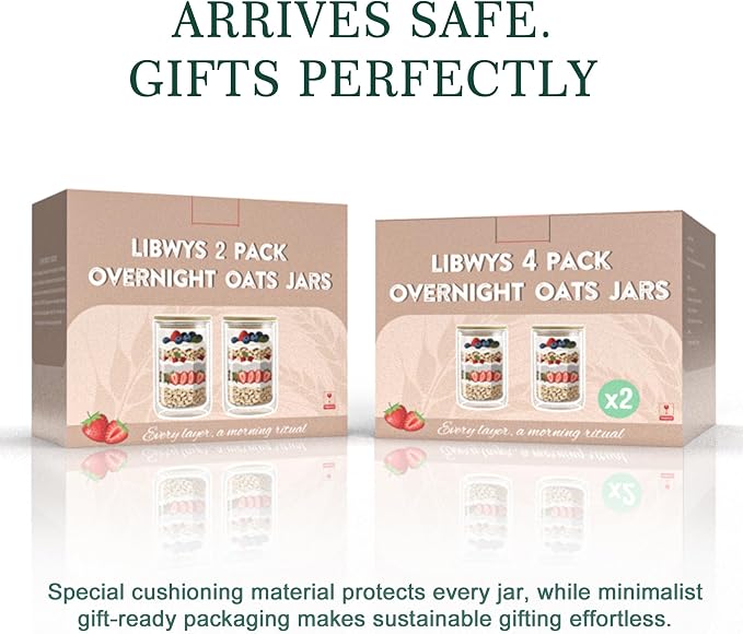 LIBWYS 4 Pack Overnight Oats Containers with Bamboo & Stainless Steel Lids, 15oz Meal Prep Jars - Double Walled High Borosilicate Glass jars for Overnight Oats, Chia Pudding, Salad