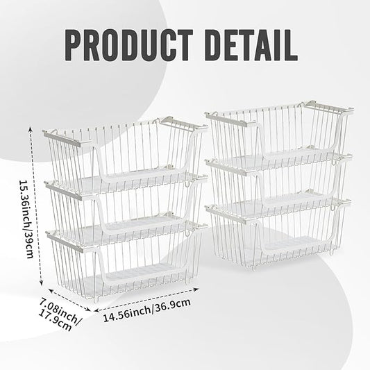 GAOKASE 6 Pcs Stackable Wire Baskets for Pantry Organizers and Storage,Vegetable Fruit Basket for Countertop,Kitchen Storage Metal Baskets,Produce Potato Onion Storage Bin,White