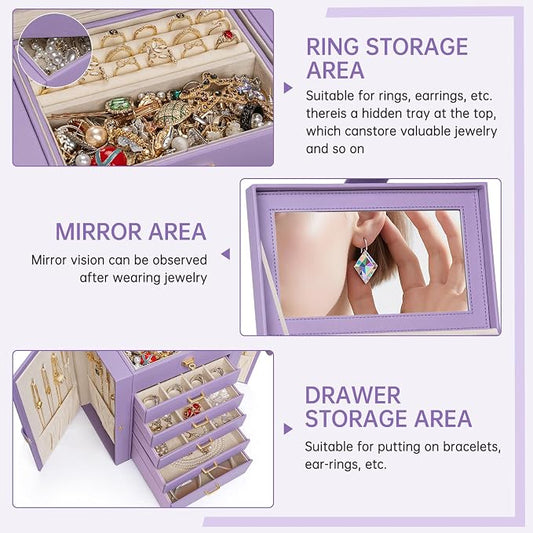 AKOZLIN 6-Tier Jewelry Box Organizer Functional 5 Drawers Leather Jewelry Storage Case for Women Girls Ring Necklace Earring Bracelet Holder Organizer with Mirror Medium Violet