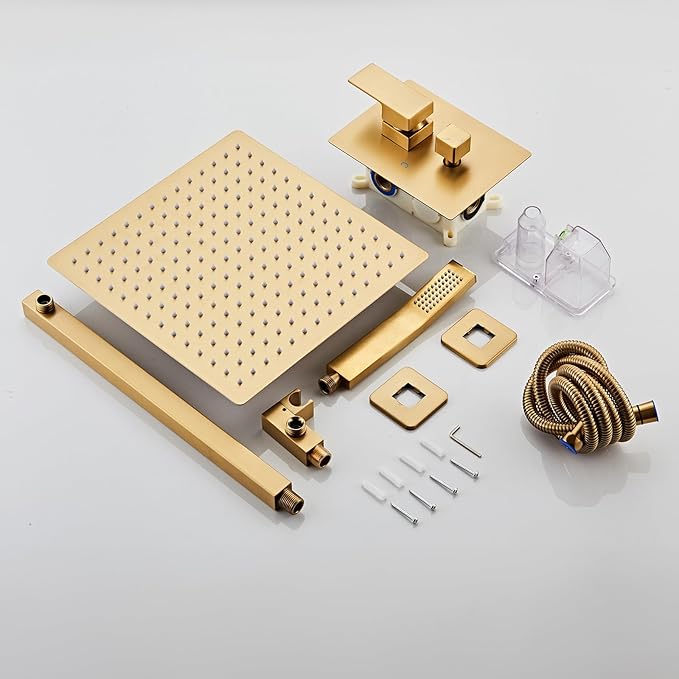 SaniteModar Shower Head, 10 Inch Bathroom Shower System, Multi-function Rainfall Square Shower Head, Wall Mounted Shower System Shower Head Trim Kit, Brushed Gold