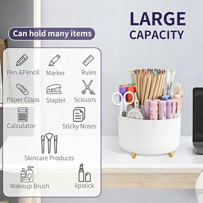 Camelmother Pen Holder For Desk With 5 Slots 360°Rotating Pencil Holder Makeup Organiezr Teacher Supplies Office decor (white)