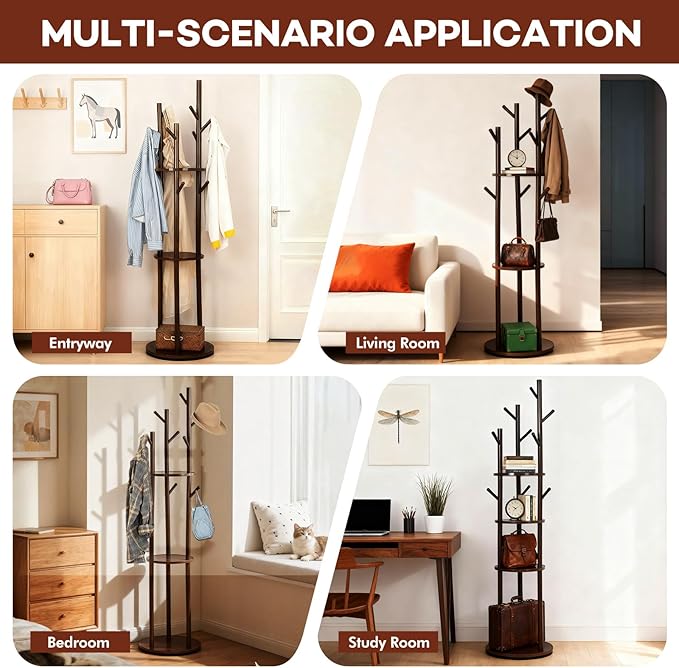 Freestanding Coat Rack, Solid Pine Wood Rotary Coat Tree with 3 Shelves and 9 Hanging Handles, Coat Hanger Stand for Bedroom, Entryway, Livingroom(Walnut Color)