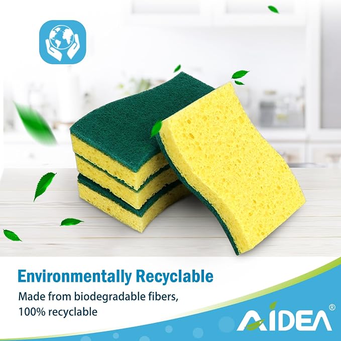 AIDEA Sponges Kitchen, Heavy Duty Scrub Sponge, 6Count, Sponges for Dishes, Cellulose Kitchen Sponge, Scrubbing Power for Tough Messes, Cleaning Power for Non Coated Cookware, Dishes, Pots, Pans