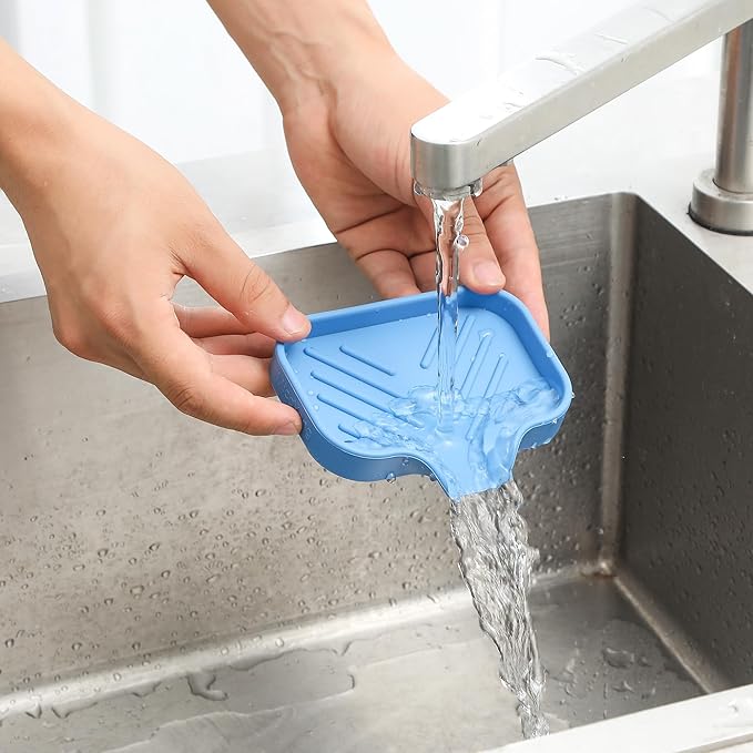 MicoYang Silicone Soap Dish with Drain Spout, Self-Draining Sink Organizer Tray for Bathroom & Kitchen, Sponges, Dispensers & Soap Holder, Non-Slip & Dishwasher Safe, Lichen Blue (Compact, 4.9"×3.2")