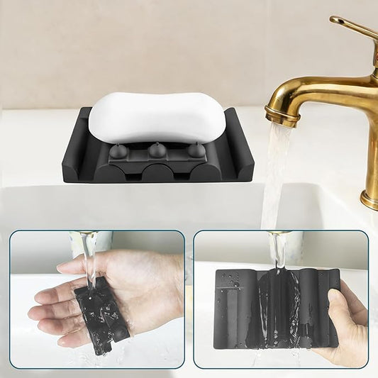 Silicone Soap Dish,Self Draining Soap Holder Perfect for Shower,Bathroom Sink,Kitchen Sink & Travel,Non-Slip Bar Soap Holder Extend Soap Life,Keep Soap Bars Dry & Easy Cleaning NBlack-1Pcs