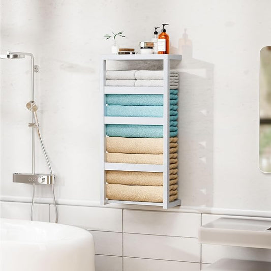 Bamboo Wall Blanket Ladder, 4-Tier Towel Racks, Bamboo Bath Towel Racks for Bathroom Wall Mounted, Decorative Blanket, Quilt, Towel, Scarf Ladder Shelves for Bathroom, Living Room, Bedroom,White