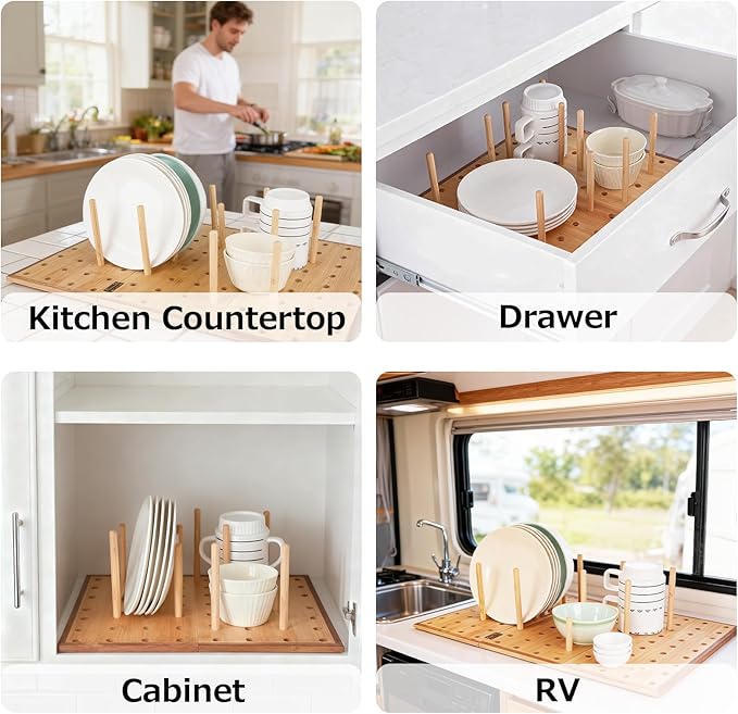 Foldable Pegboard Organizer for Kitchen – Bamboo Base & Acacia Wood Edge Dish Rack for Kitchen Countertop, Cabinet, and Drawer, 16 Removable Pegs, 15.7" x 15.7"