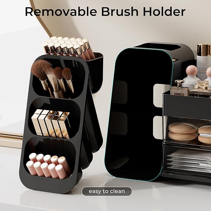 UFORU Makeup Organizer for Vanity with Brush Holder, Large Capacity Bathroom Countertop Skincare Organizer with 2 Drawers, Cosmetic Display Case for Perfumes, Eyeshadow Palettes, Nail Polishes