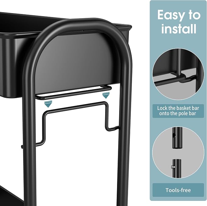 Slim Rolling Cart, Metal Frame Utility Rolling 3-Tier Narrow Storage Cart with Handle Kitchen Storage Organizer, Mobile Shelving Unit for Bathroom Kitchen