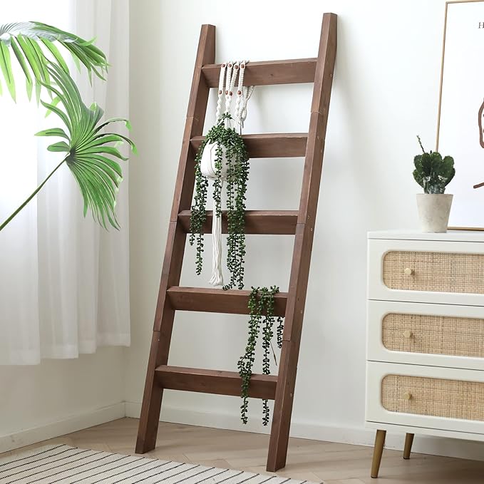 FUIN 5ft (58") Wood Blanket Ladder Living Room Decorative Wall Leaning Farmhouse Quilt Display Holder Storage Rustic Wooden Towel Rack for Bathroom, Brown