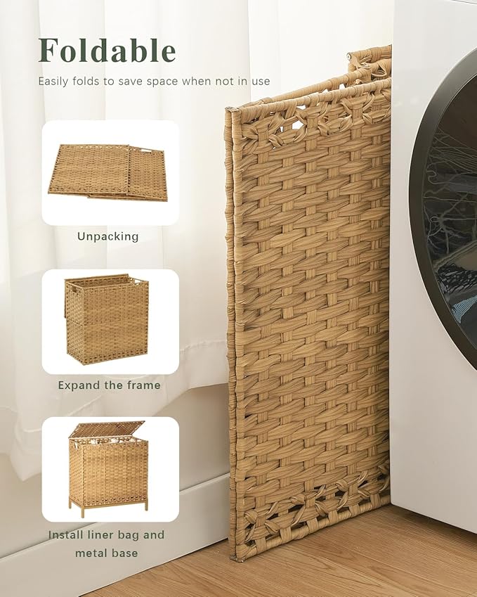 SETVSON Laundry Hamper with Lid 132 L, (35 Gallons) Clothes Hamper with Lid, Handwoven Rattan Laundry Hamper with Metal Heightened Feet, Laundry Hampers with 3 Removable Liner Bags for Laundry-Natural