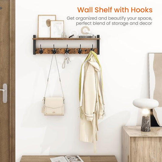 Homode Coat Rack with Wall Mount, 24 Inch Long Entryway Wall Shelf with Hooks, Wood Hanger with Storage Shelf for Bathroom, Hallway, Rustic Brown Black