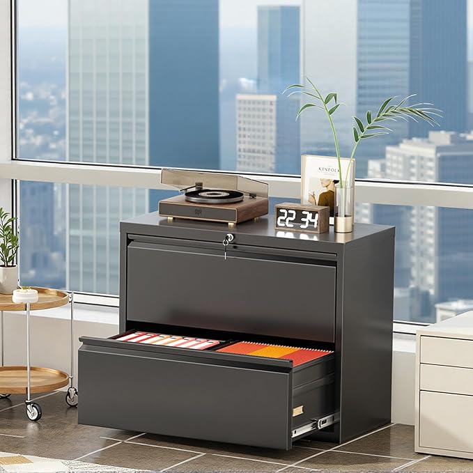 Superday Lateral File Cabinet 2 Drawer Metal File Cabinet with Lock, Black Filing Cabinets for Home Office, Locking Filing Cabinets Hanging Files Letter/Legal/F4/A4