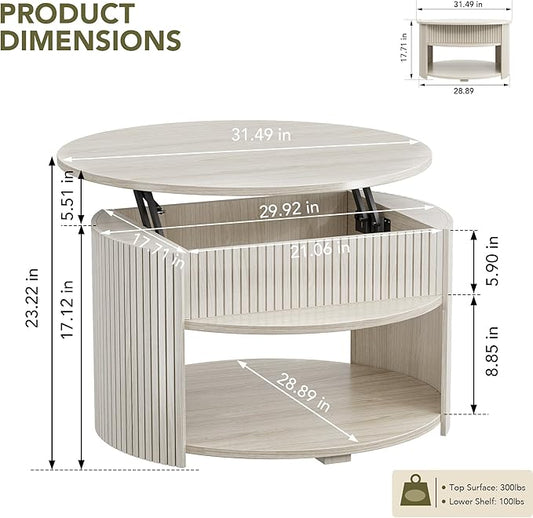 Round Lift Top Coffee Table with Storage, Fluted Mid-Century Modern Coffee Tables for Living Room, with Hidden Compartment & Open Shelves, for Small Spaces & Home Office(31.5" White Oak)