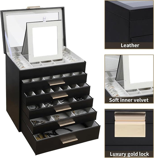 BOOVO Jewelry Boxes for Women, White and Black 6 Layer Large Jewelry Box for Necklace, Bracelet, Earrings, Rings Storage, Jewelry holder Organizer for Girls Gift (Clear Black, 6 layer)