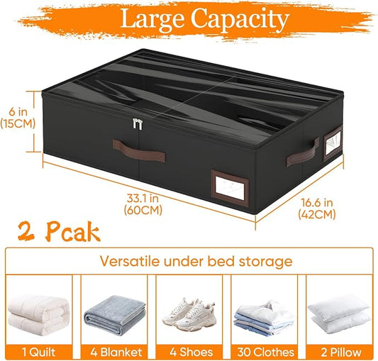 OIAHOMY 2 Pack 38L Under Bed Storage with Adjustable Dividers, 6" Low Profile Underbed Storage Bins for Comforters & Clothes, Save Closet Space with Clear View Lid & Reinforced Handles, Black